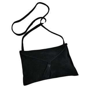 Black Suede Crossbody Envelope Handbag Tassel Magnetic Closure Fold OverTop